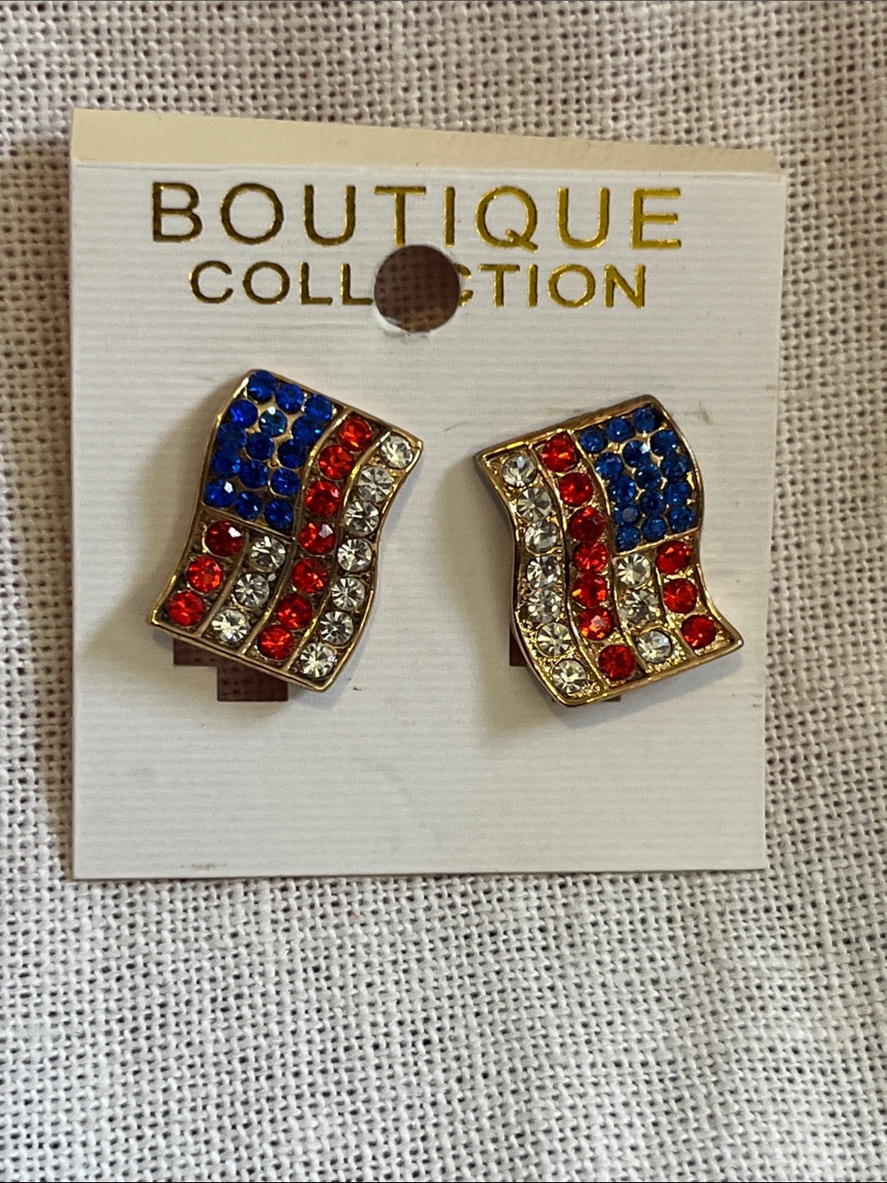 Boutique Collection Red White Blue Rhinestone Gold Clip on Flag Earrings